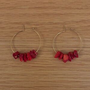 Gold Hoop Earrings with Coral Red Stone Beads